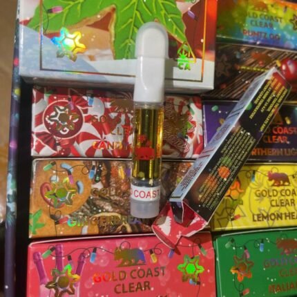 Gold Coast Clear Carts authentic 510 vape cartridges unboxed with retail packaging display